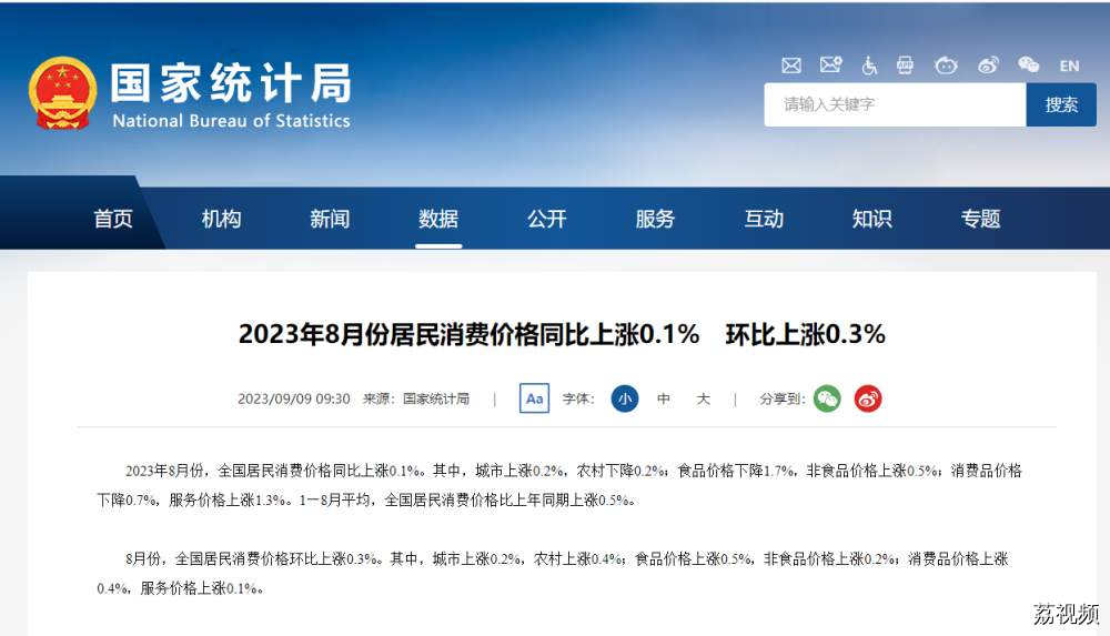 国家统计局：8月份居民消费价格同比上涨0.1%，环比上涨0.3%